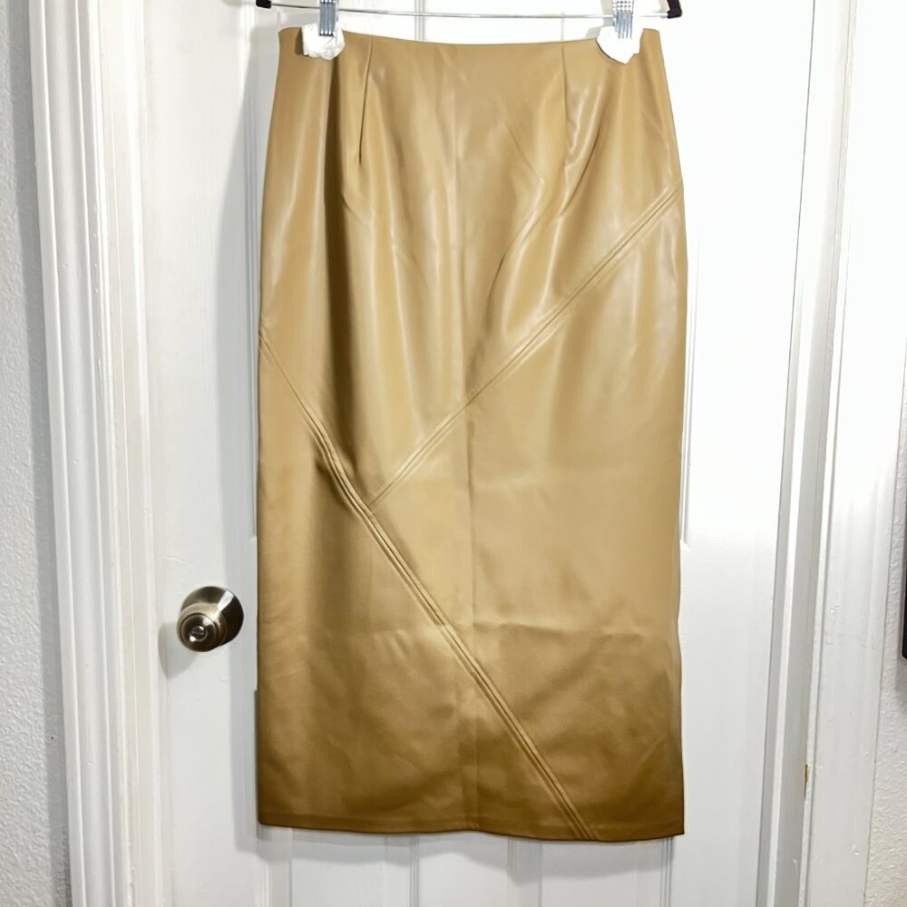TOPSHOP ASOS High Rise Side Slit Tan Faux Leather Midi Skirt Coffee Size US 8